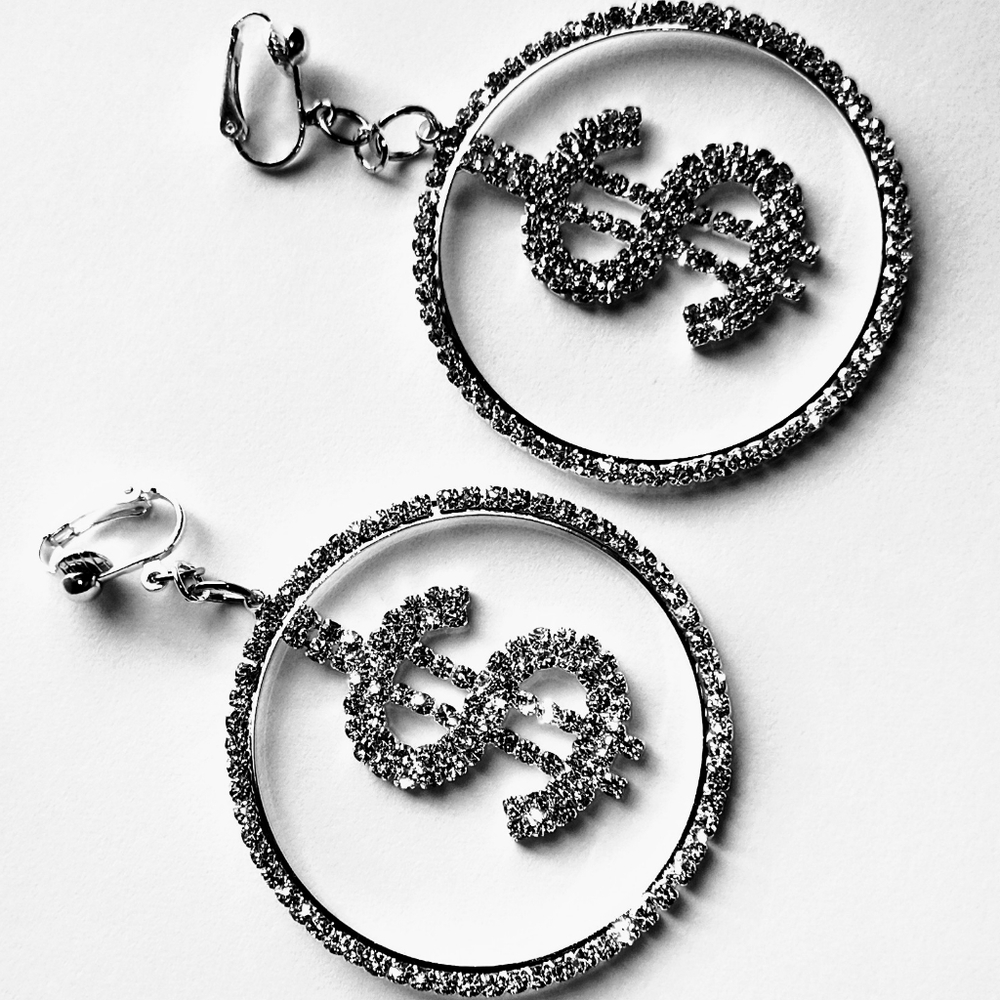 2" Silver Rhinestone $ Sign Hoop Clipon Earrings - Picture 5 of 6
